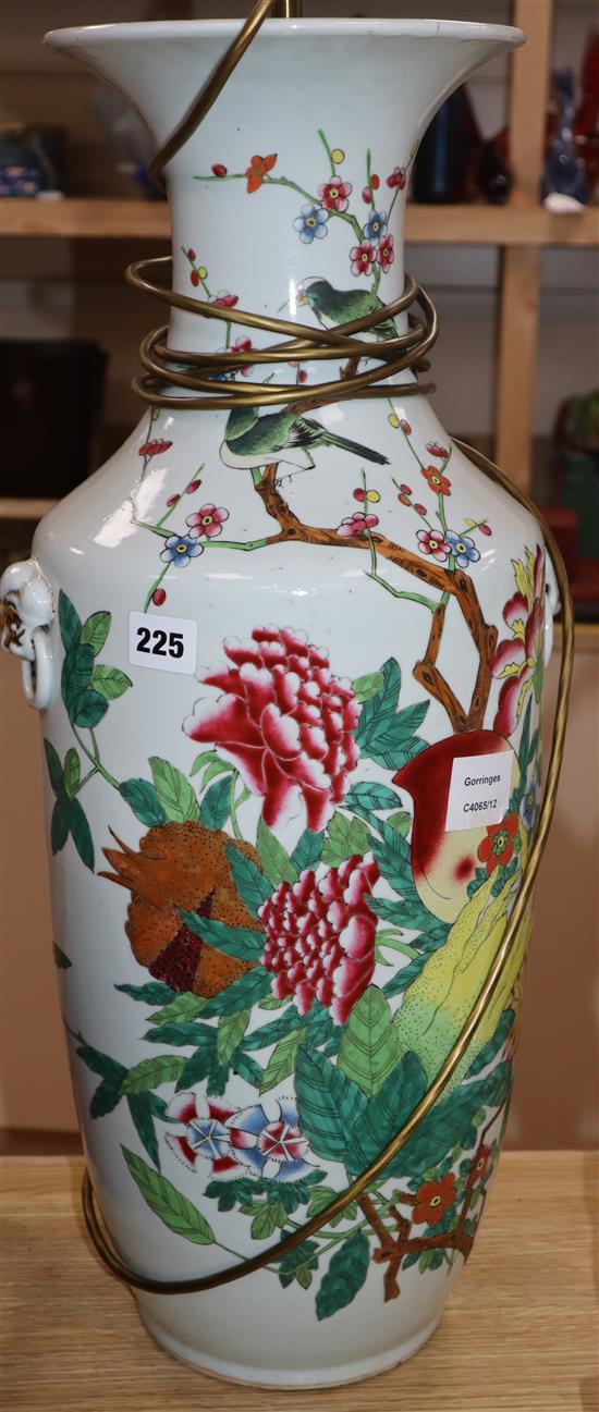 A modern Chinese vase, painted with peonies and pine prunus, fitted as a table lamp height 60cm